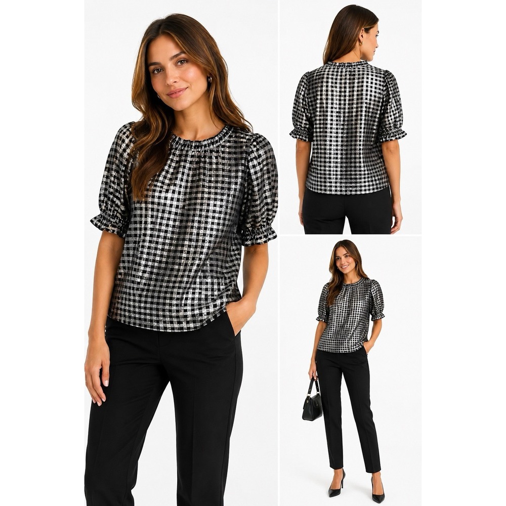 J.Crew Metallic Silver Black Plaid Plaid Puff  Sleeve Party/Holiday Size M Top